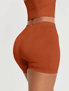 11SKNDS Seamless High Rise Cycling Shorts Skin Tight Mid Thigh Length Ribbed Knit Active Booty Shorts Summer Fitness Yoga Running With Sweat-Wicking, Stretchy, Quick-Dry, Tummy Control & Sculpting, For Gym Workout Pilates Studio, Training & Hy-Rox - Red Orange - View 2