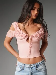 MISSGUIDED Ruffle Cold Shoulder Crop Top With Deep Plunge Neckline Tie Front Detail And Layered Chiffon Ruffle Trim Summer Festival Ready - Pink - View 2