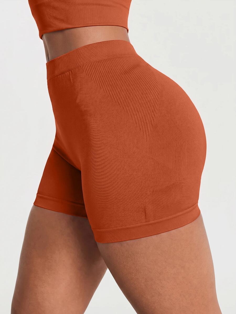 11SKNDS Seamless High Rise Cycling Shorts Skin Tight Mid Thigh Length Ribbed Knit Active Booty Shorts Summer Fitness Yoga Running With Sweat-Wicking, Stretchy, Quick-Dry, Tummy Control & Sculpting, For Gym Workout Pilates Studio, Training & Hy-Rox - Red Orange - View 1