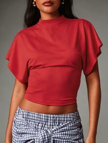 MISSGUIDED Mock Neck Ruched Crop Top With Flutter Sleeves - Fitted Waist Short Sleeve Cropped Tee For Spring Summer - Red - View 2