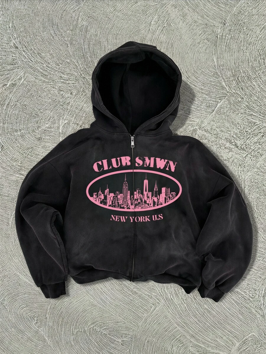 SUMWON Club New York City Skyline Graphic Full-Zip Oversized Hoodie With Silver Zipper And Long Sleeves - Black - View 1