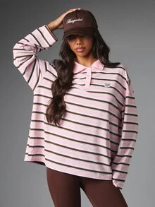 MISSGUIDED Oversized Long Sleeve Striped Polo Top With Collar And Button Placket Casual Longline Fit Spring Summer Essential - Multicolor - View 1