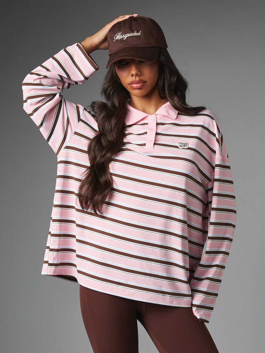 MISSGUIDED Oversized Long Sleeve Striped Polo Top With Collar And Button Placket Casual Longline Fit Spring Summer Essential - Multicolor - View 1