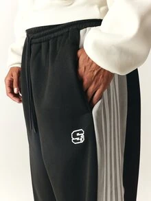 SUMWON Wide Leg Track Pants With Side Stripe Contrast Panel And Logo Embroidery Drawstring Waist Full Length Casual Street Style - Black - View 5