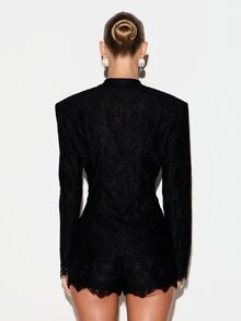 KIZN Black Floral Lace Fitted Blazer With Deep V-Neckline Button Closure Scalloped Trim And Structured Shoulders Evening Party Jacket - Black - View 2