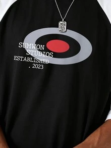 SUMWON Kaos Raglan Oversized dengan Lengan Putih Kontras dan Cetakan Grafis - Streetwear Kasual, Leher Bulat, Bahu Longgar - Hitam - View 6