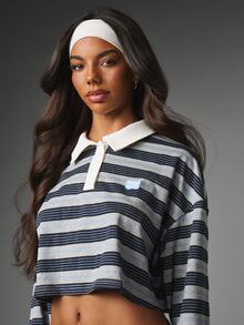 MISSGUIDED 條紋短版長袖 Polo 上衣，翻領設計，附 Logo 貼布飾，適合春季休閒外出 - 彩色 - 查看 3