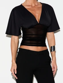 KIZN Deep Plunge V-Neck Crop Blouse With Butterfly Sleeves And Sheer Mesh Ruched Waist Panel Summer Night Out Top - Black - View 4