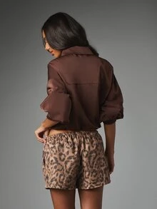 MISSGUIDED Leopard Print Satin Shorts With Elastic Drawstring Waist Mid Thigh Length Loose Fit Summer Holiday Beach Vacation Shorts - Multicolor - View 2