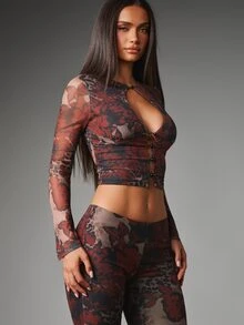 MISSGUIDED Floral Leopard Mixed Animal Print Mesh Co-Ord Set Long Bell Sleeve Plunge Crop Top And Capri Leggings Two Pieces Outfit - Multicolor - View 1