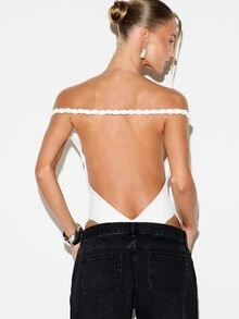 KIZN Off-Shoulder Backless Bodysuit With Twisted Rope Trim Detail Deep V Back Open Cut-Out Spring Summer Night Out Party Wear - White - View 1