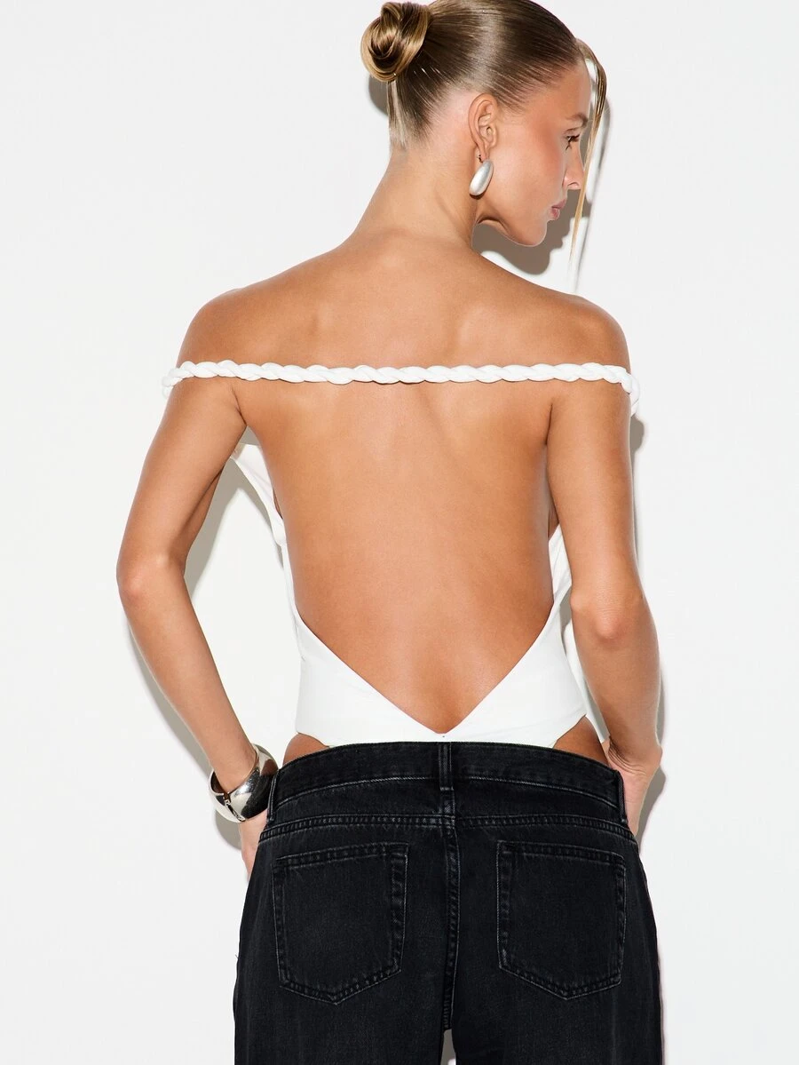 KIZN Off-Shoulder Backless Bodysuit With Twisted Rope Trim Detail Deep V Back Open Cut-Out Spring Summer Night Out Party Wear - White - View 1