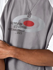 SUMWON Oversized Raglan T-Shirt With Contrast Sleeves And Graphic Logo Print Crew Neck Short Sleeve Drop Shoulder Casual Tee - Grey - View 6