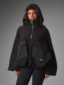 MISSGUIDED Oversized Half-Zip Fleece Sweatshirt With Cargo Pockets Mixed Texture High Neck Pullover Fall Winter Layering Top - Black - View 1