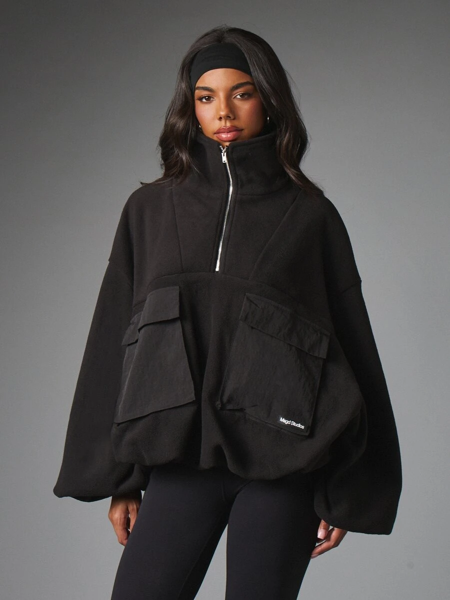 MISSGUIDED Oversized Half-Zip Fleece Sweatshirt With Cargo Pockets Mixed Texture High Neck Pullover Fall Winter Layering Top - Black - View 1