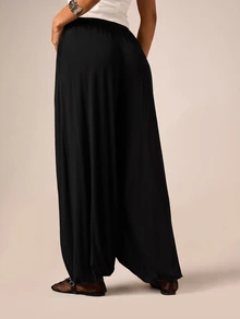 AiiRZ Flowy Harem Balloon Trousers With Elasticated Drawstring Waist Wide Leg Relaxed Fit Full Length Summer Festival Pants - Black - View 3