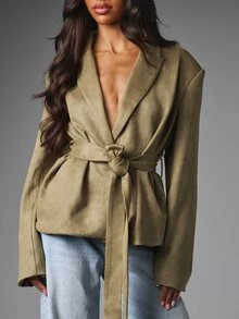 MISSGUIDED Faux Suede Wrap Blazer Jacket With Self-Tie Belt Lapel Collar Oversized Fit Autumn Winter Evening Occasion - Army Green - View 5
