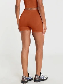 11SKNDS Seamless High Rise Cycling Shorts Skin Tight Mid Thigh Length Ribbed Knit Active Booty Shorts Summer Fitness Yoga Running With Sweat-Wicking, Stretchy, Quick-Dry, Tummy Control & Sculpting, For Gym Workout Pilates Studio, Training & Hy-Rox - Red Orange - View 5