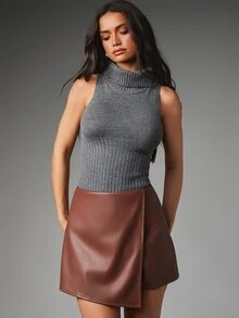 MISSGUIDED Faux Leather High Rise A-Line Mini Skirt With Asymmetric Hem Wrap Style Overlay Detail Fall Winter Chic - Coffee Brown - View 4
