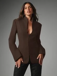 MISSGUIDED Deep V-Neck Collarless Blazer With Hook-And-Eye Front Closure, Structured Shoulders And Cinched Waist - Brown - View 4