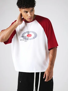 SUMWON Established 2023 Raglan T-Shirt With Contrast Sleeves And Graphic Target Print For Casual Everyday Wear - Red - View 1