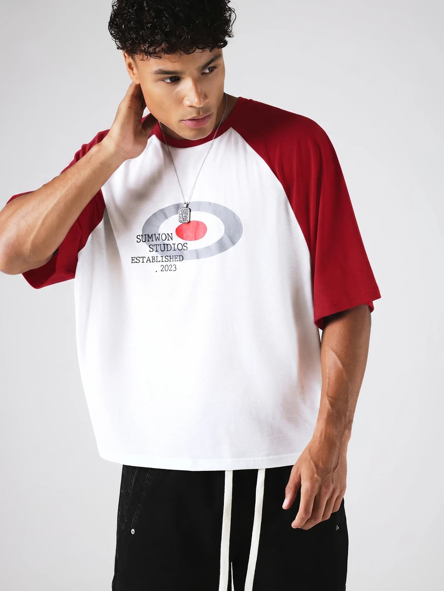 SUMWON Established 2023 Raglan T-Shirt With Contrast Sleeves And Graphic Target Print For Casual Everyday Wear - Red - View 1
