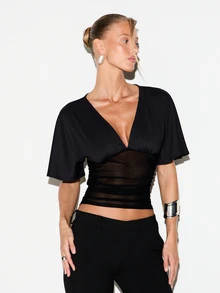 KIZN Deep Plunge V-Neck Crop Blouse With Butterfly Sleeves And Sheer Mesh Ruched Waist Panel Summer Night Out Top - Black - View 5
