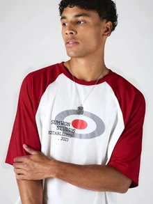 SUMWON Established 2023 Raglan T-Shirt With Contrast Sleeves And Graphic Target Print For Casual Everyday Wear - Red - View 5
