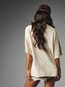 MISSGUIDED Sport Oversized Crew Neck T-Shirt With Number 22 Chest Print And Brown Contrast Stripe Sleeve Detail - Apricot - View 2