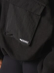 MISSGUIDED Oversized Half-Zip Fleece Sweatshirt With Cargo Pockets Mixed Texture High Neck Pullover Fall Winter Layering Top - Black - View 4