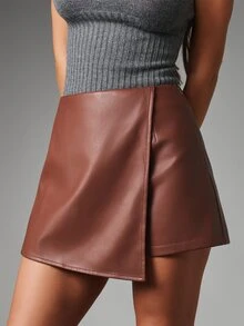MISSGUIDED Faux Leather High Rise A-Line Mini Skirt With Asymmetric Hem Wrap Style Overlay Detail Fall Winter Chic - Coffee Brown - View 1