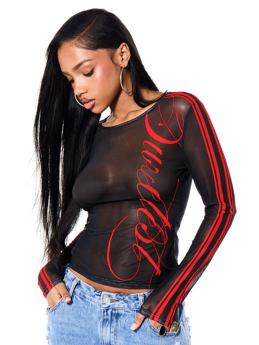 SUMWON WOMEN Sheer Mesh Long Sleeve Top With Red Script Print And Varsity Stripe Detail Round Neck Form Fitting Party Night Out Top - Black - View 1