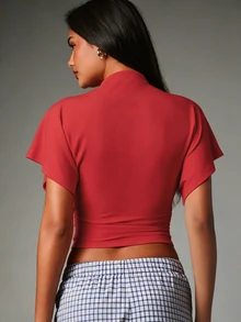 MISSGUIDED Mock Neck Ruched Crop Top With Flutter Sleeves - Fitted Waist Short Sleeve Cropped Tee For Spring Summer - Red - View 5