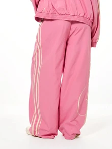 SUMWON WOMEN Winter Essentials Oversized Wide Leg Track Pants With Script Graffiti Print And Side Stripe Detail Elastic Waist Relaxed Fit Streetwear Bottoms Autumn Warm Cozy - Pink - View 2