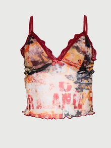 SUMWON WOMEN Style Mesh Cami Crop Top With Lace Trim V-Neck Spaghetti Straps Leopard Graphic Print Summer Festival Top - Multicolor - View 1