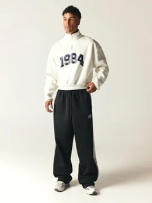 SUMWON Wide Leg Track Pants With Side Stripe Contrast Panel And Logo Embroidery Drawstring Waist Full Length Casual Street Style - Black - View 3