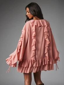 MISSGUIDED 雪紡荷葉邊迷你洋裝，綁帶深V領、分層下擺、喇叭袖，飄逸直筒版型，適合派對、夏季與音樂祭 - 粉色 - 查看 5