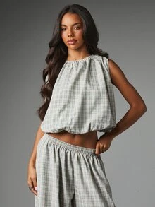 MISSGUIDED Setelan Dua Potong Motif Kotak-kotak, Atasan Crop Model Balon dan Celana Panjang Model Parasut dengan Karet di Pergelangan Kaki, Cocok untuk Festival Musim Panas - MultiWarna - View 4