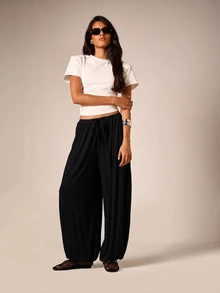 AiiRZ Flowy Harem Balloon Trousers With Elasticated Drawstring Waist Wide Leg Relaxed Fit Full Length Summer Festival Pants - Black - View 2