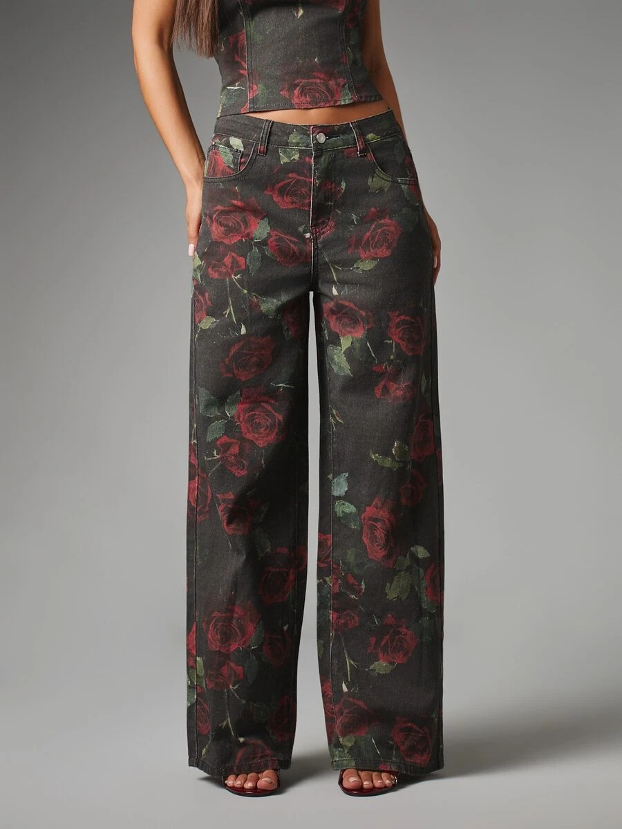 MISSGUIDED Celana Jeans Model Lebar Motif Bunga Mawar, Pinggang Sedang, Panjang Penuh, Denim Gelap, Gaya Festival Musim Semi Valentine - MultiWarna - View 1