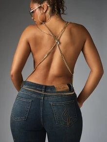 BABYPHAT Gold Metallic Mesh Chain Strap Cowl Neck Backless Cami Top Festival Party Night Out Holiday Glam - Gold - View 2