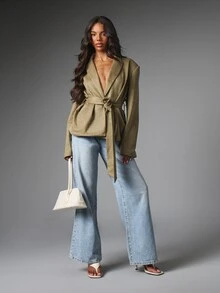 MISSGUIDED Faux Suede Wrap Blazer Jacket With Self-Tie Belt Lapel Collar Oversized Fit Autumn Winter Evening Occasion - Army Green - View 3
