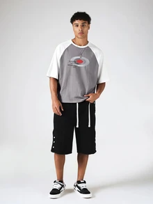 SUMWON Oversized Raglan T-Shirt With Contrast Sleeves And Graphic Logo Print Crew Neck Short Sleeve Drop Shoulder Casual Tee - Grey - View 4