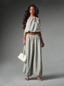 MISSGUIDED Setelan Dua Potong Motif Kotak-kotak, Atasan Crop Model Balon dan Celana Panjang Model Parasut dengan Karet di Pergelangan Kaki, Cocok untuk Festival Musim Panas - MultiWarna - View 3