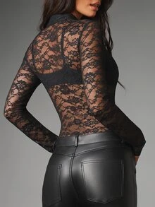 MISSGUIDED Bodysuit Lengan Panjang Berenda Bunga dengan Leher Tinggi dan Potongan Lubang Kunci, Semi Transparan, Pas Badan, Sempurna untuk Acara Malam Hari atau Pesta Liburan - Hitam - View 5