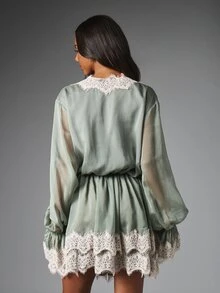 MISSGUIDED Boho Lace Trim Mini Dress With Bell Sleeves V-Neck Lace-Up Front Drawstring Waist Flowy A-Line Silhouette Festival Spring Summer - Green - View 2