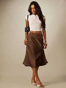 MISSGUIDED Satin Midi Slip Skirt With Floral Lace Waistband Trim Bias Cut A-Line Silhouette Fall Holiday Party - Chocolate Brown - View 4