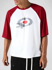 SUMWON Established 2023 Raglan T-Shirt With Contrast Sleeves And Graphic Target Print For Casual Everyday Wear - Red - View 3