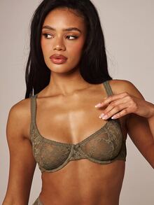 MISSGUIDED 花卉蕾絲鋼圈托高內衣，波浪飾邊寬肩帶，情人節內衣禮物 - 卡其色 - 查看 4