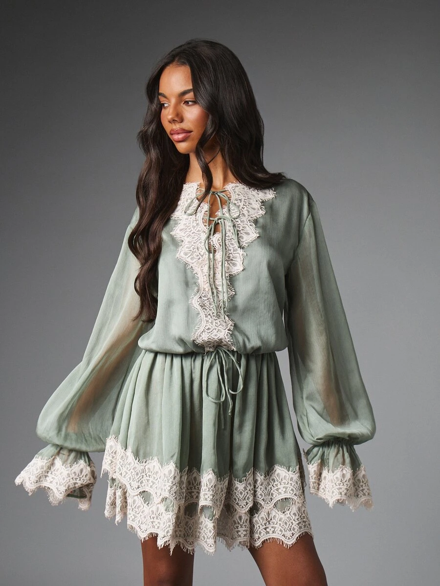 MISSGUIDED Boho Lace Trim Mini Dress With Bell Sleeves V-Neck Lace-Up Front Drawstring Waist Flowy A-Line Silhouette Festival Spring Summer - Green - View 1
